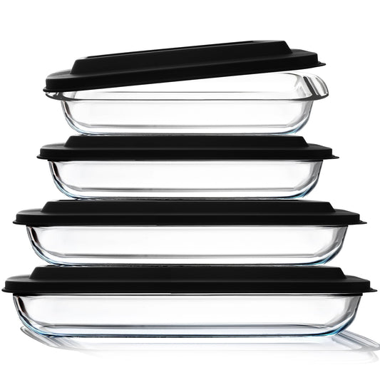 LammaLoe Glass Baking Dish with Lids, 8 Piece, Deep Casserole Dish, Rectangular Pans for Baking
