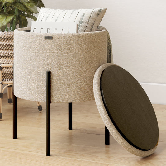 LammaLoe Small Round Ottoman with Storage, Boucle Ottoman Foot Stool with Lid, Upholstered Vanity Stool for Living Room & Bedroom, Beige