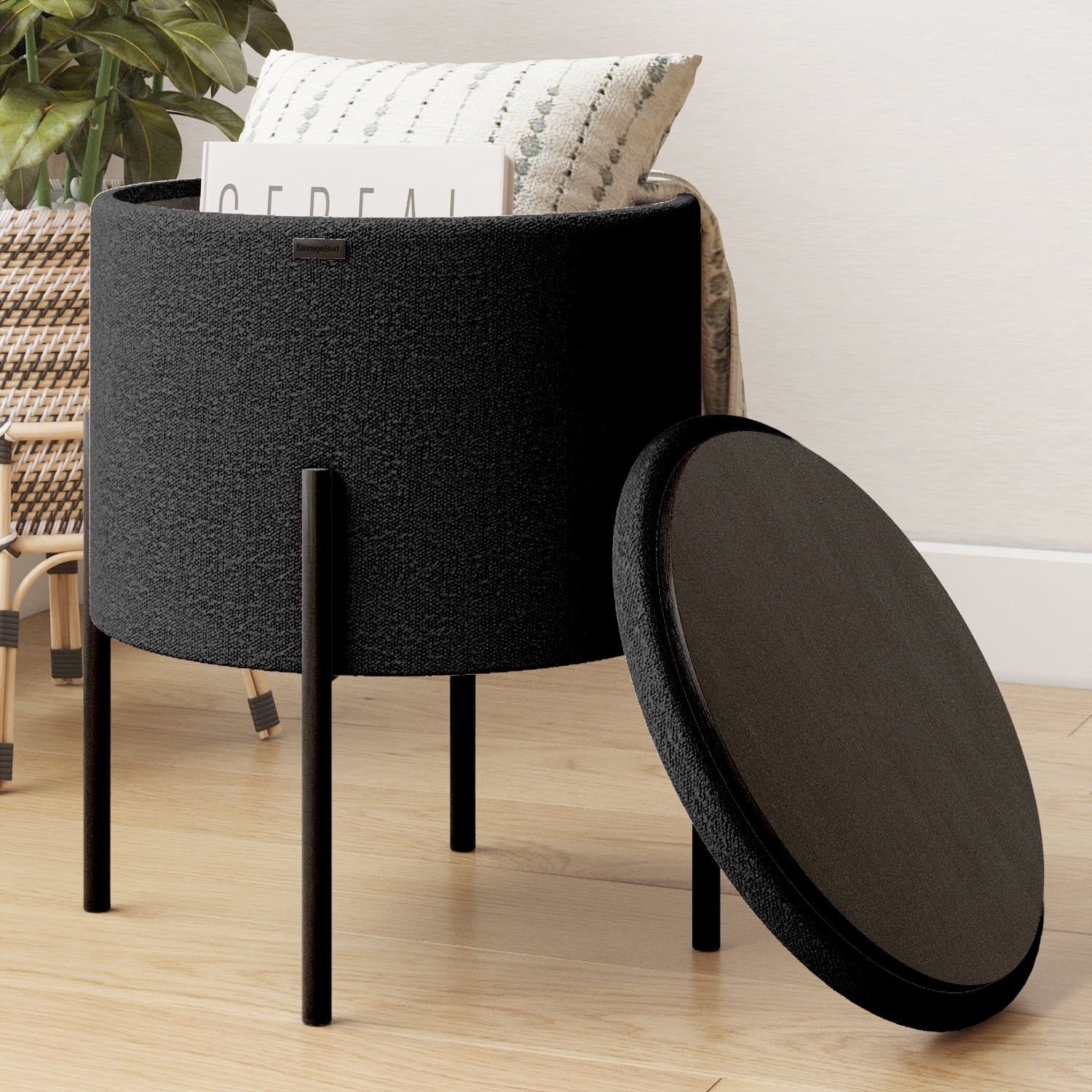 LammaLoe Otomana Redonda PequeÃ±a con Almacenamiento, Otomana de BouclÃ© Taburete para Pies con Tapa, Taburete Tapizado para Tocador para Sala de Estar y Dormitorio, Negro