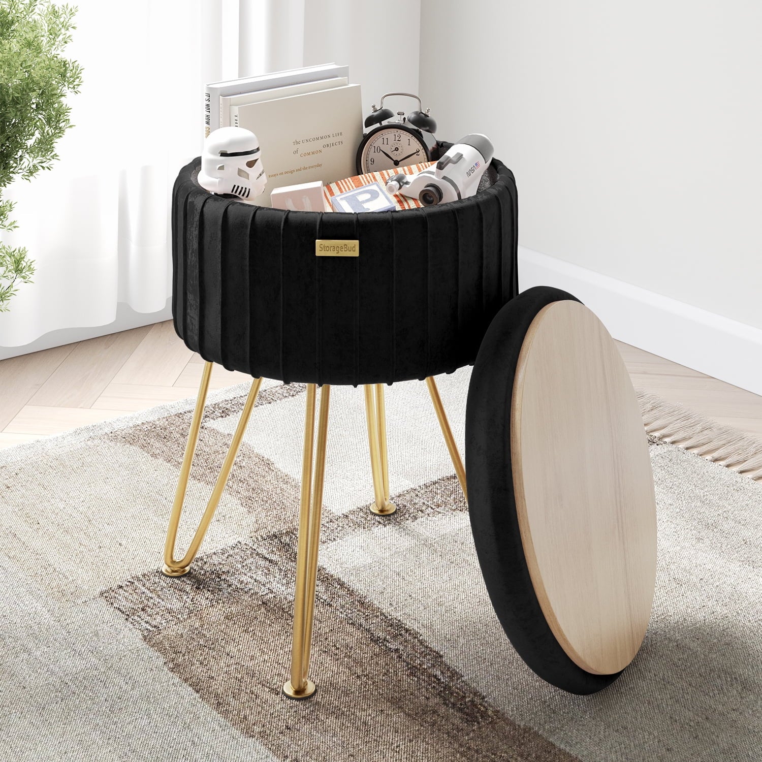 LammaLoe Small Round Ottoman with Storage, Pleated Velvet Ottoman Foot Stool with Lid, Upholstered Vanity Stool for Living Room & Bedroom, Black