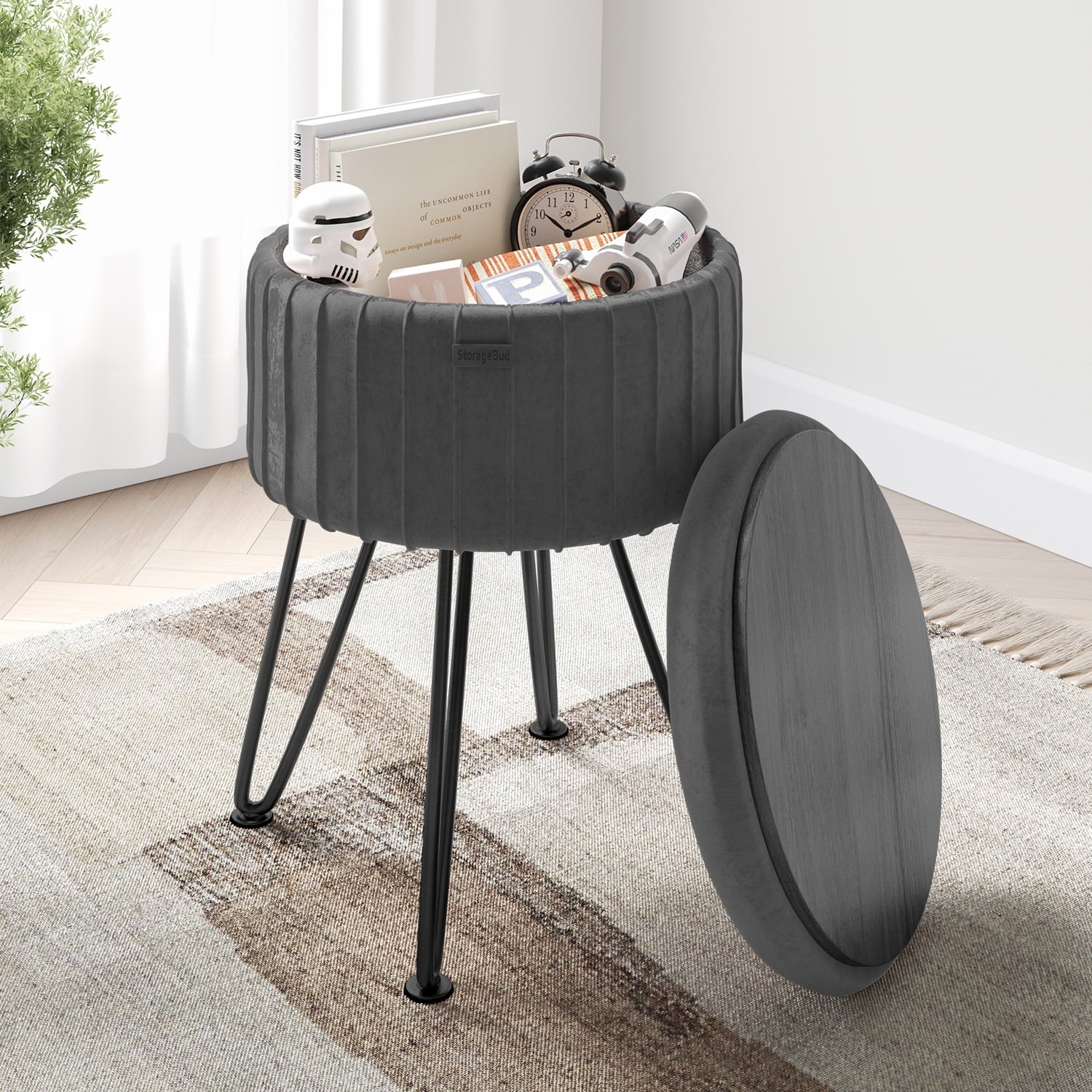 LammaLoe Small Round Ottoman with Storage, Pleated Velvet Ottoman Foot Stool with Lid, Upholstered Vanity Stool for Living Room & Bedroom, Gray
