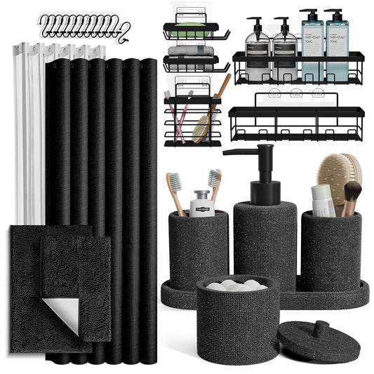 Lammaloe Coal Bathroom Accessories Sets and Shower Caddy for Bathroom Sets with Shower Curtain Sets and Rugs for Bathroom Decor with Toothbrush Holder