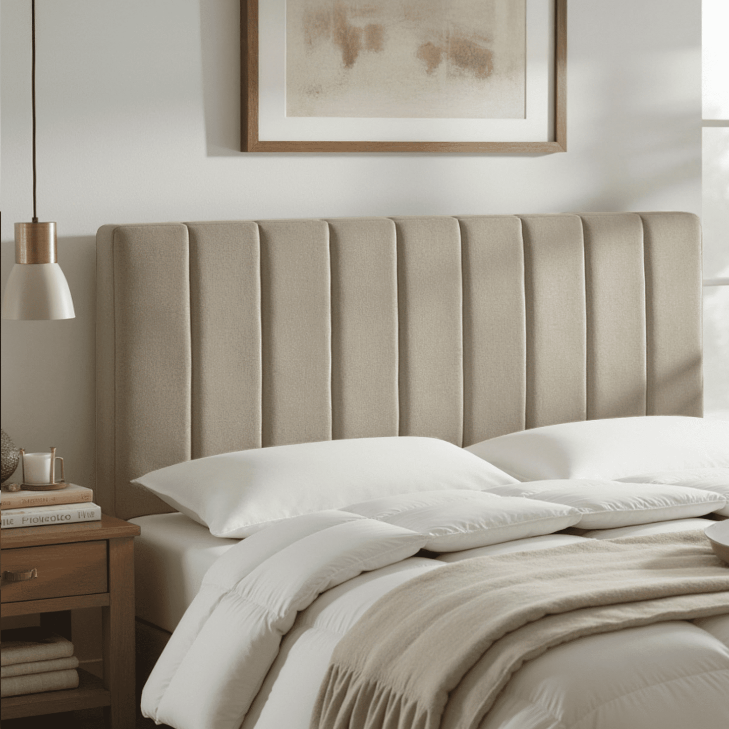 Lammlaoe Full Size Headboard, Upholstered Wall Mounted, Peel and Stick Installation, Sound Reducing 3D Panel Design, Easy Assembly, Beige