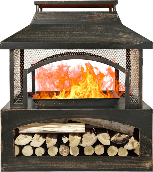 Large Outdoor Wood Burning Fireplace, house shape Outdoor Log Burner Fire Pit with Log Grate and Poker, 37" x 32" x 18" Large Metal Firepit for Patio Garden Backyard, Black