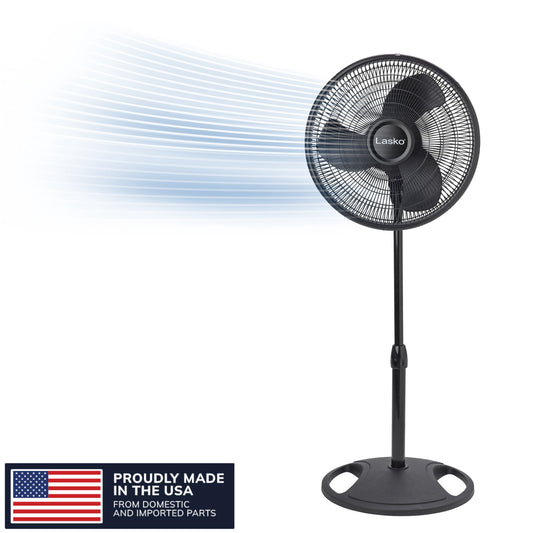 Lasko 16" Oscillating Pedestal Fan with Adjustable Height and Tilt-Back Head for Whole Room Cooling, Black, S16500