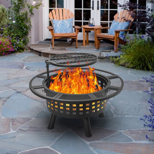 MistMo 36 inch Wood Burning Fire Pit with Grill, Metal Round Firepit for Patio Garden