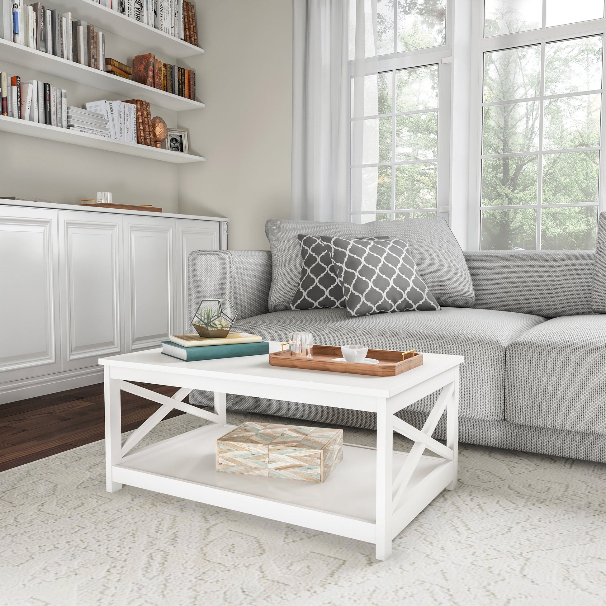 Lavish Home 34 in. Coffee Table, 2-Tiered Wood Sofa Table, Low Profile and X-Leg Design Living Room Furniture for Storage, Display and TV Stand, White