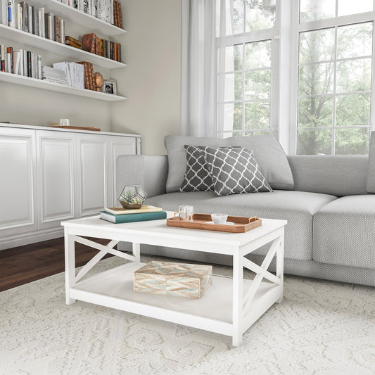 Lavish Home 34 in. Coffee Table, 2-Tiered Wood Sofa Table, Low Profile and X-Leg Design Living Room Furniture for Storage, Display and TV Stand, White