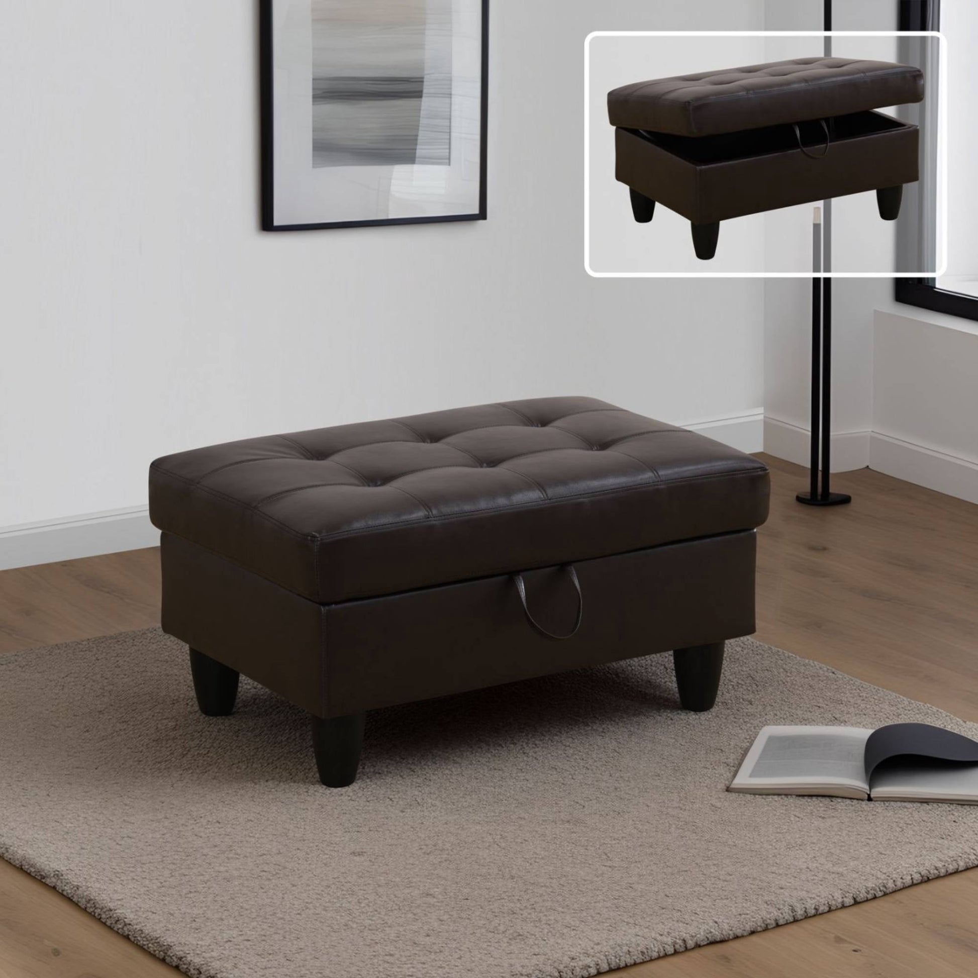 Leather Storage Ottoman, Folding Foot Stool with Storage Button Tufted Ottoman Bench for Living Room,Brown