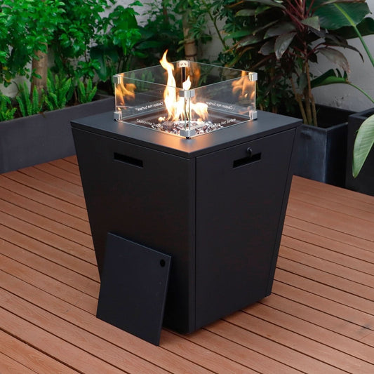 LeisureMod Chelsea 32" Propane Gas Fire Pit Table, Black Steel CSA-Certified Outdoor Firepit with Tempered Glass Wind Guard & Lid – Patio Heater for Backyard or Garden