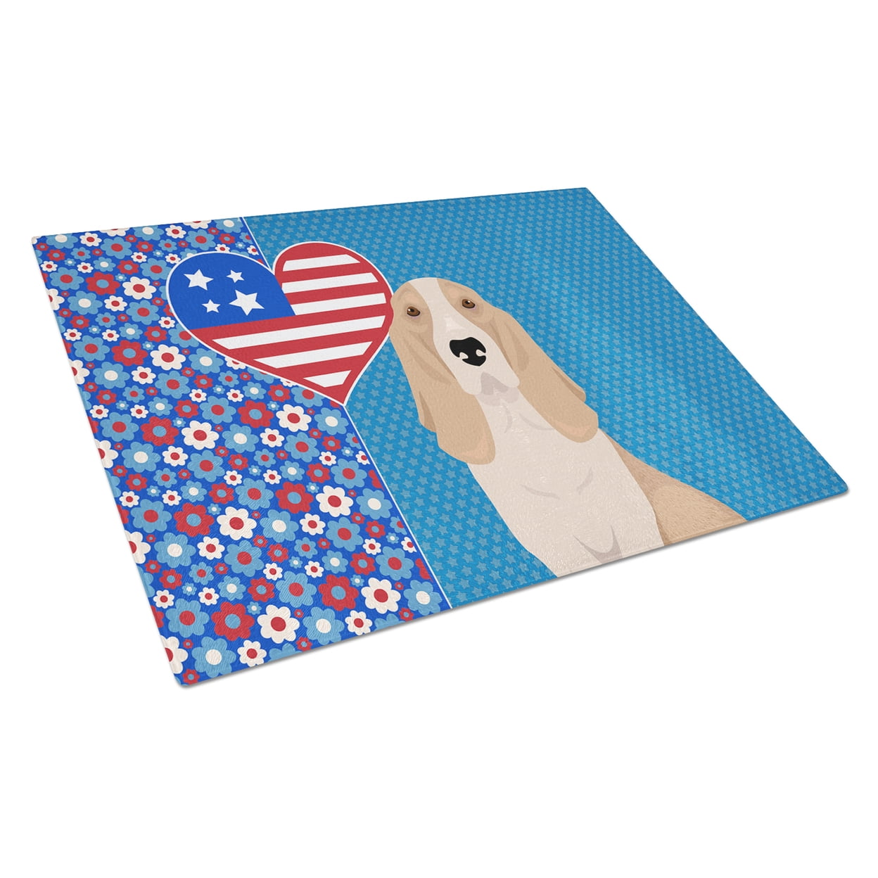 Lemon and White Tricolor Basset Hound Glass Cutting Board Large 12 in x 15 in