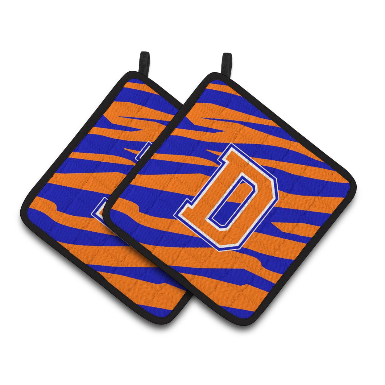 Letter D Initial Tiger Stripe - Blue Orange  Pair of Pot Holders