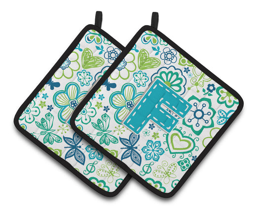 Letter F Flowers and Butterflies Teal Blue Pair of Pot Holders