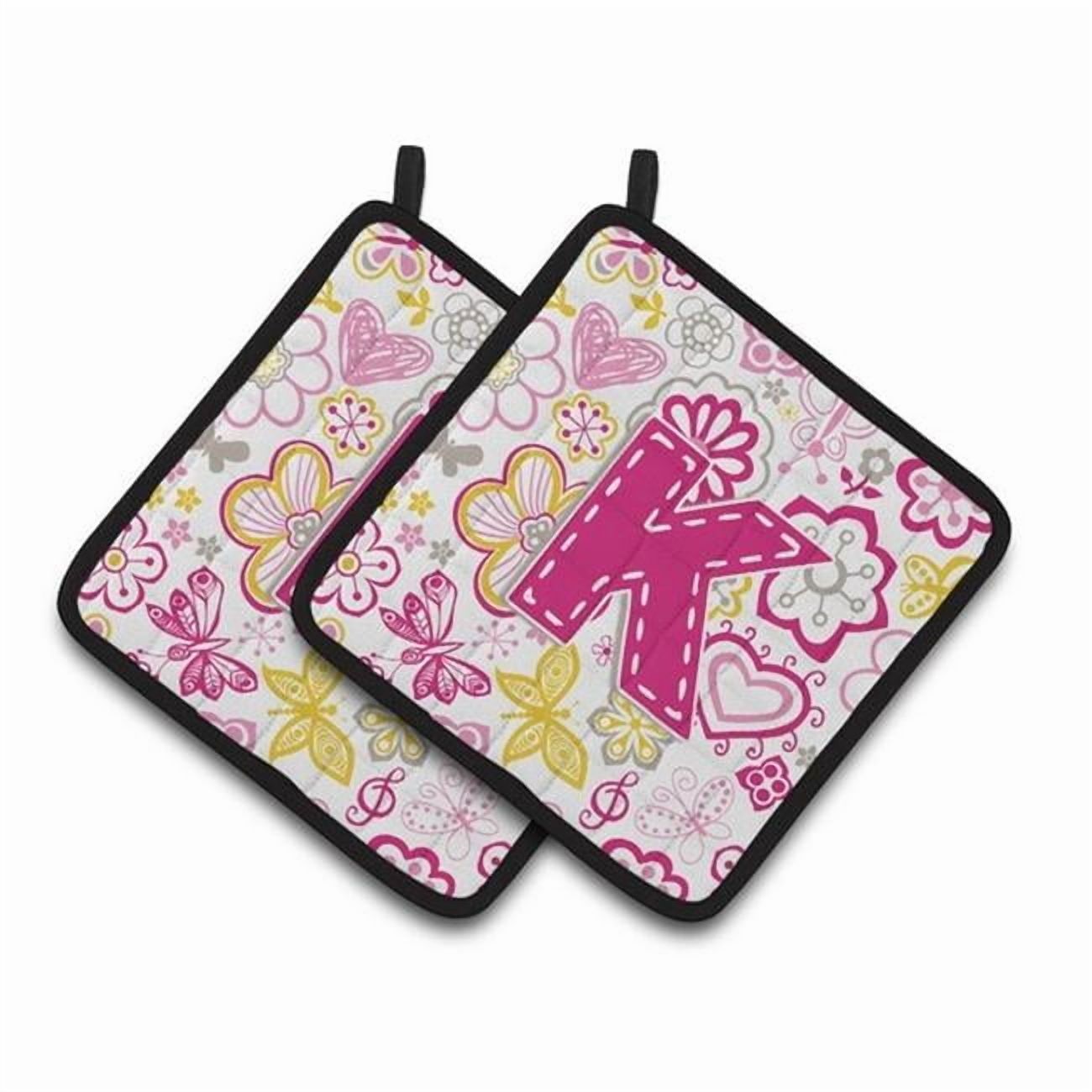 Letter K Flowers and Butterflies Pink Pair of Pot Holders