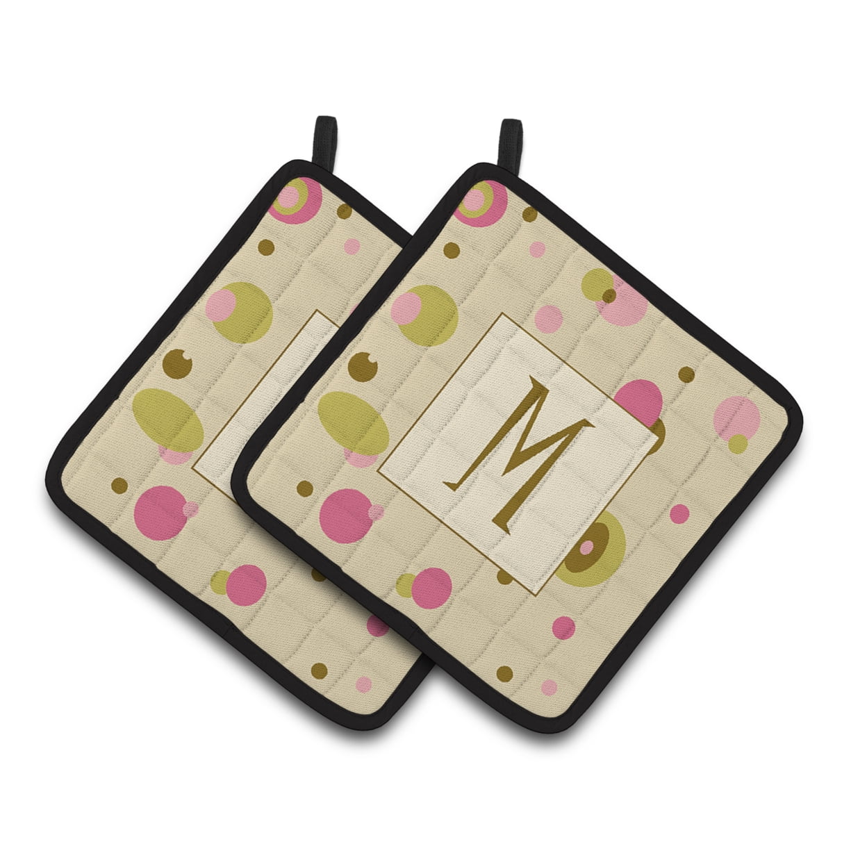 Letter M Initial Monogram - Tan Dots Pair of Pot Holders