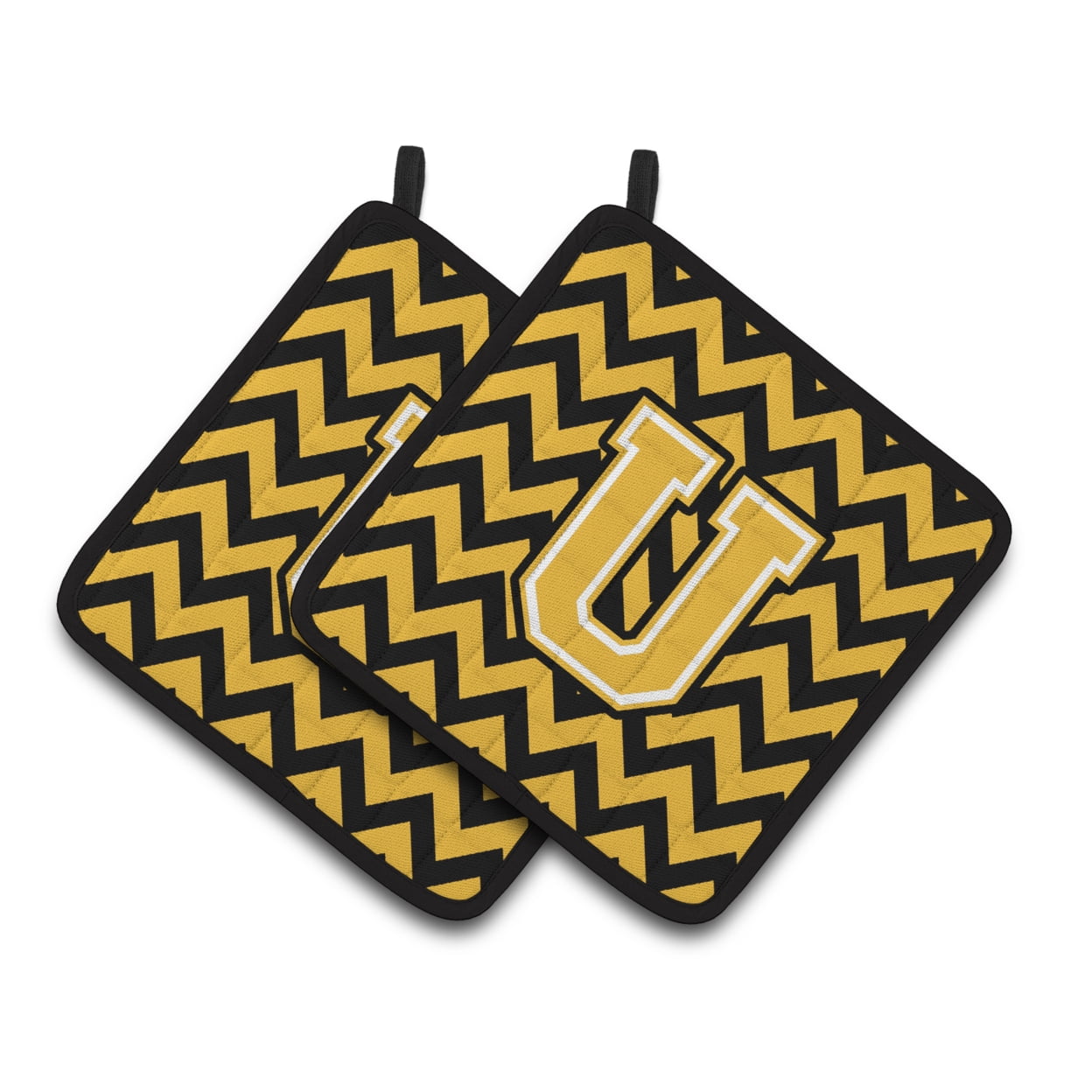 Letter U Chevron Black and Gold Pair of Pot Holders