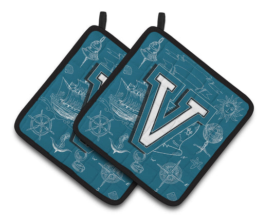 Letter V Sea Doodles Initial Alphabet Pair of Pot Holders