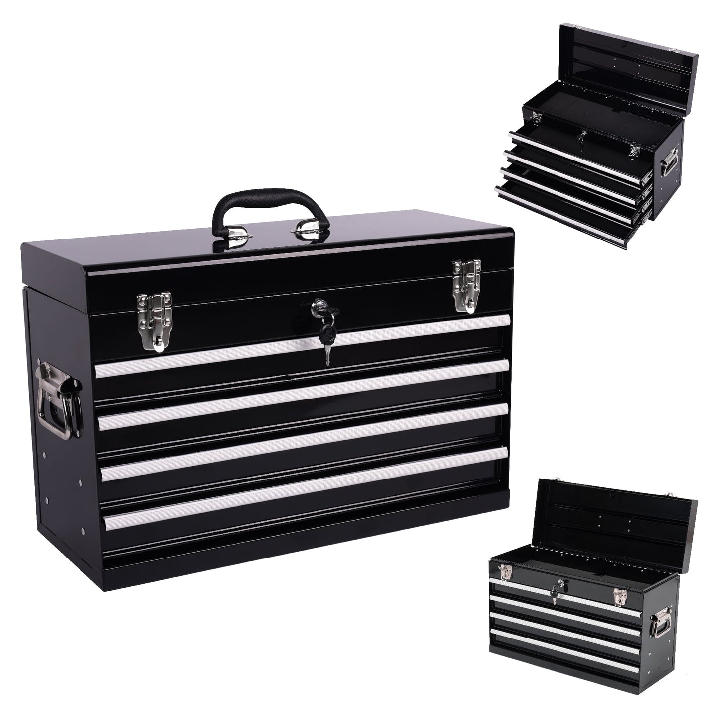 Leumius 21" Metal Tool Box with 4 Drawers,Small Tool Chest with EVA Liners,Multi-Function Tool Organizer for Garage,Workshop,Black
