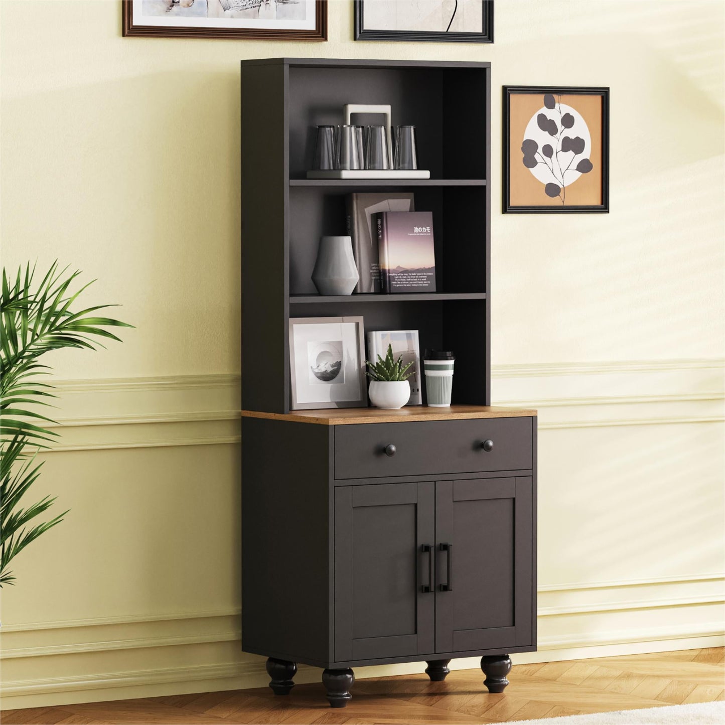 Leumius 63" Farmhouse Tall Kitchen Pantry,5 Layers Storage Cabinet with Adjustable Shelves,Modern Pantry Cabinet with Drawer for Kitchen, Dining Room, Bathroom, Living Room,Black