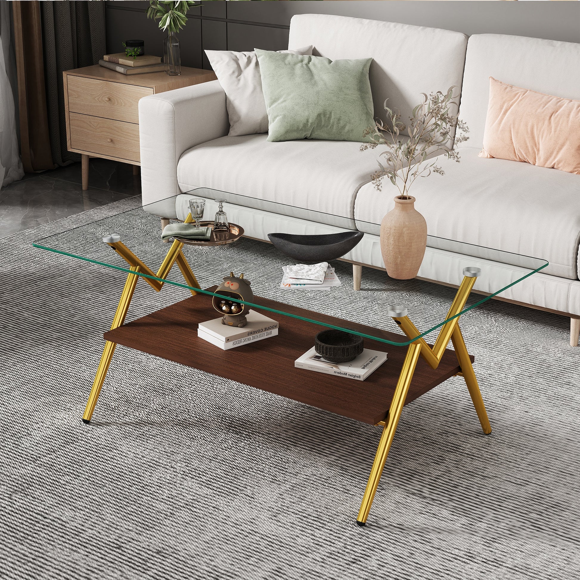 Leumius Glass Coffee Table with Lower Shelf,Clear Rectangle Glass Coffee Table, Modern Coffee Table with Metal Legs for Living Room,Golden+Transparent