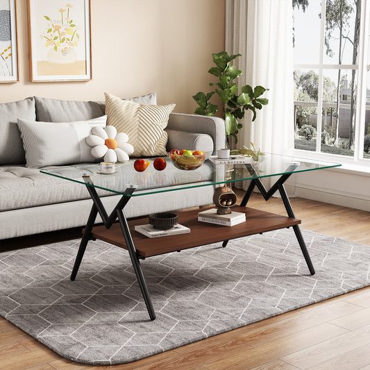 Leumius Glass Coffee Table with Lower Shelf,Clear Rectangle Glass Coffee Table, Modern Coffee Table with Metal Legs for Living Room,Black+Transparent