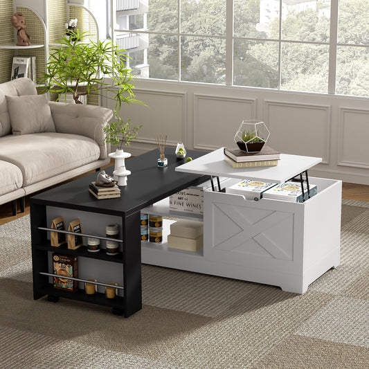 Leumius Lift Top Coffee Table with Storage,Rectangle Wood Center Table With Barn Doors and Open Cabinet, For Living Room, Bedroom, Home Office,White+Black