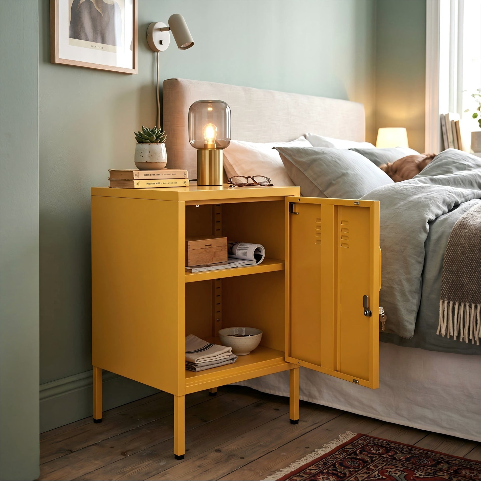 Leumius Small Metal Nightstand with Adjustable Shelf & Lockable Door,Modern Bedside Table End Table Side Cabinet for Bedroom,Living Room,Yellow