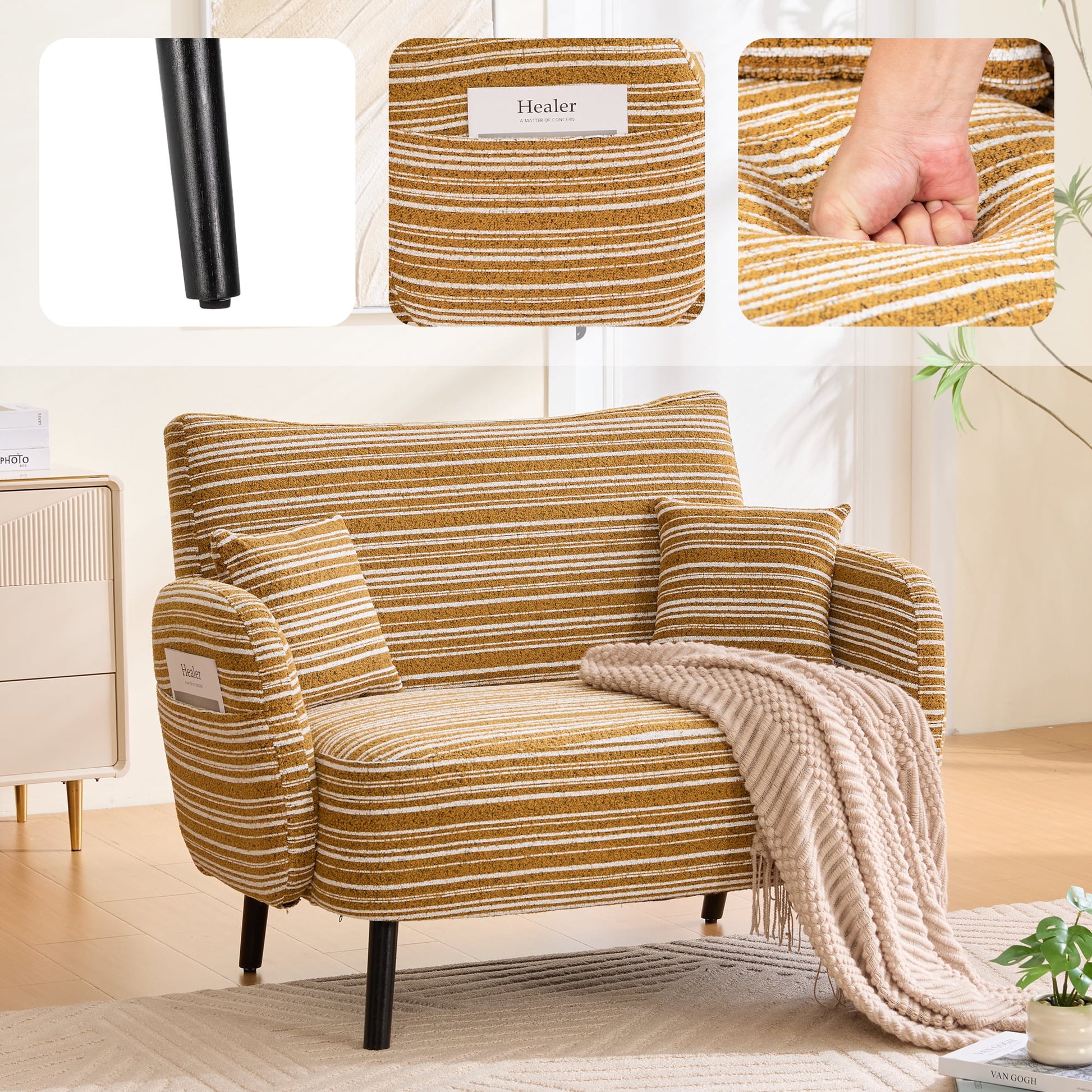 Leumius Two-Seater Sofa with Side Storage Pocket and Solid Wood Legs, Comfortable Reading Chair with Sanded Fabric for Living Room Bedroom Office Mustard Yellow