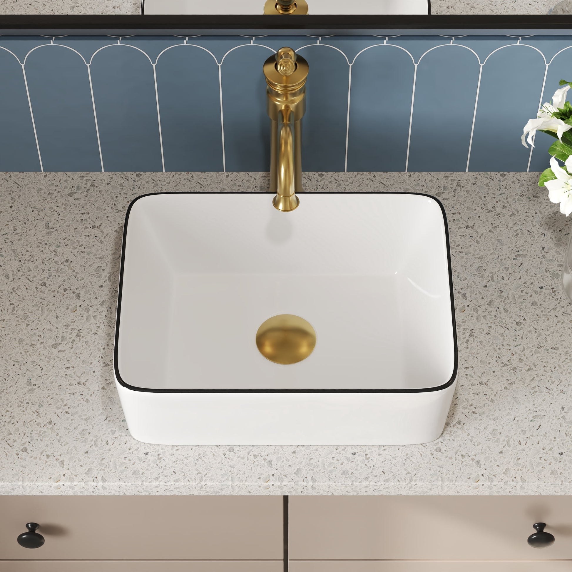 Liberty 16 in. Rectangular Ceramic Bathroom Vessel Sink Art Basin in White and Black Rim Faucet Not Included   DV-1V0317
