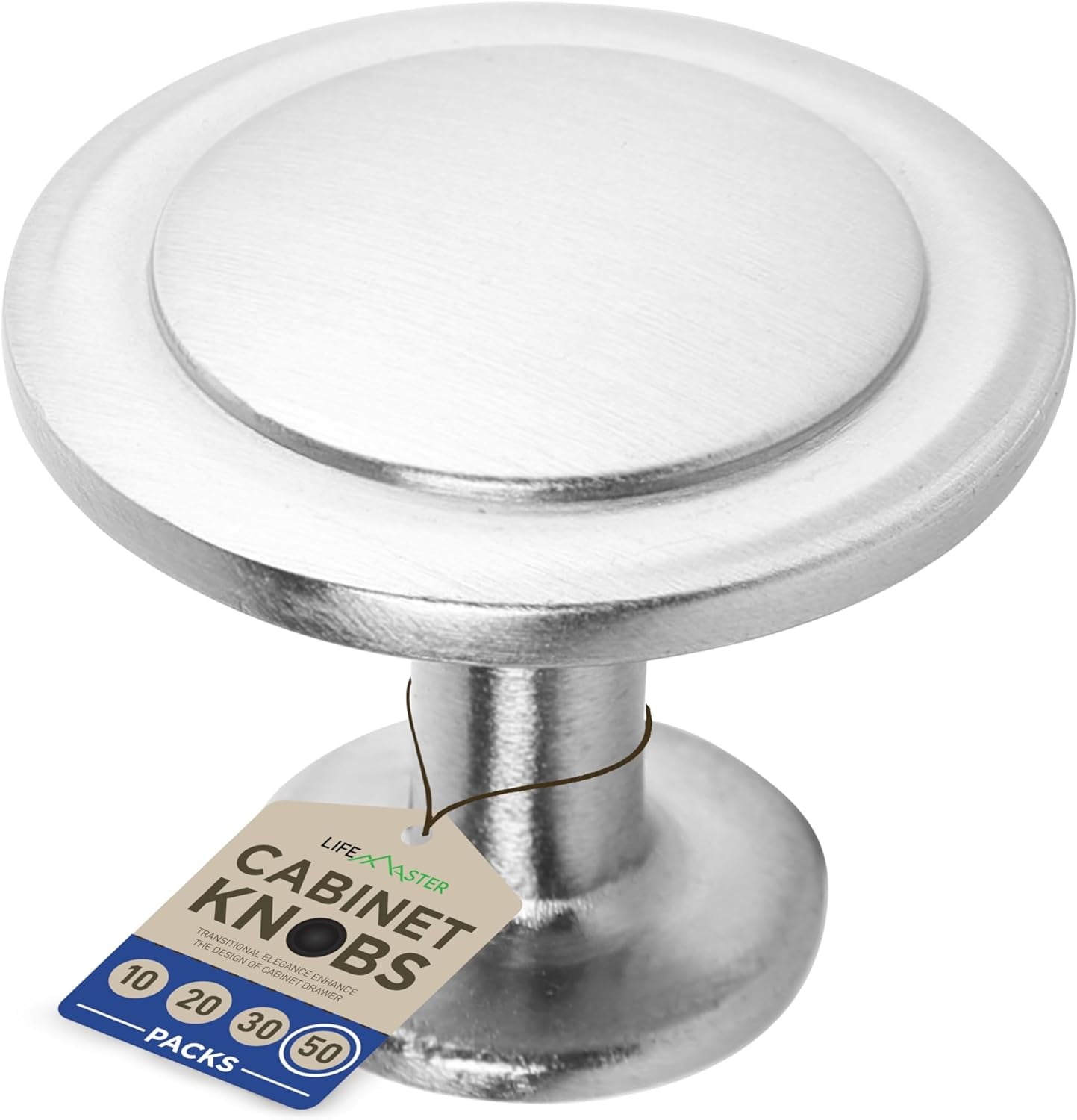 LifeMaster 50pcs 1-1/4" Brushed Nickel Cabinet Knobs - Rust-Proof Finish, Modern Design, Strong Zinc Alloy Construction - Complete with Short and Adjustable Screws for Dresser, Drawers, and Cabinets