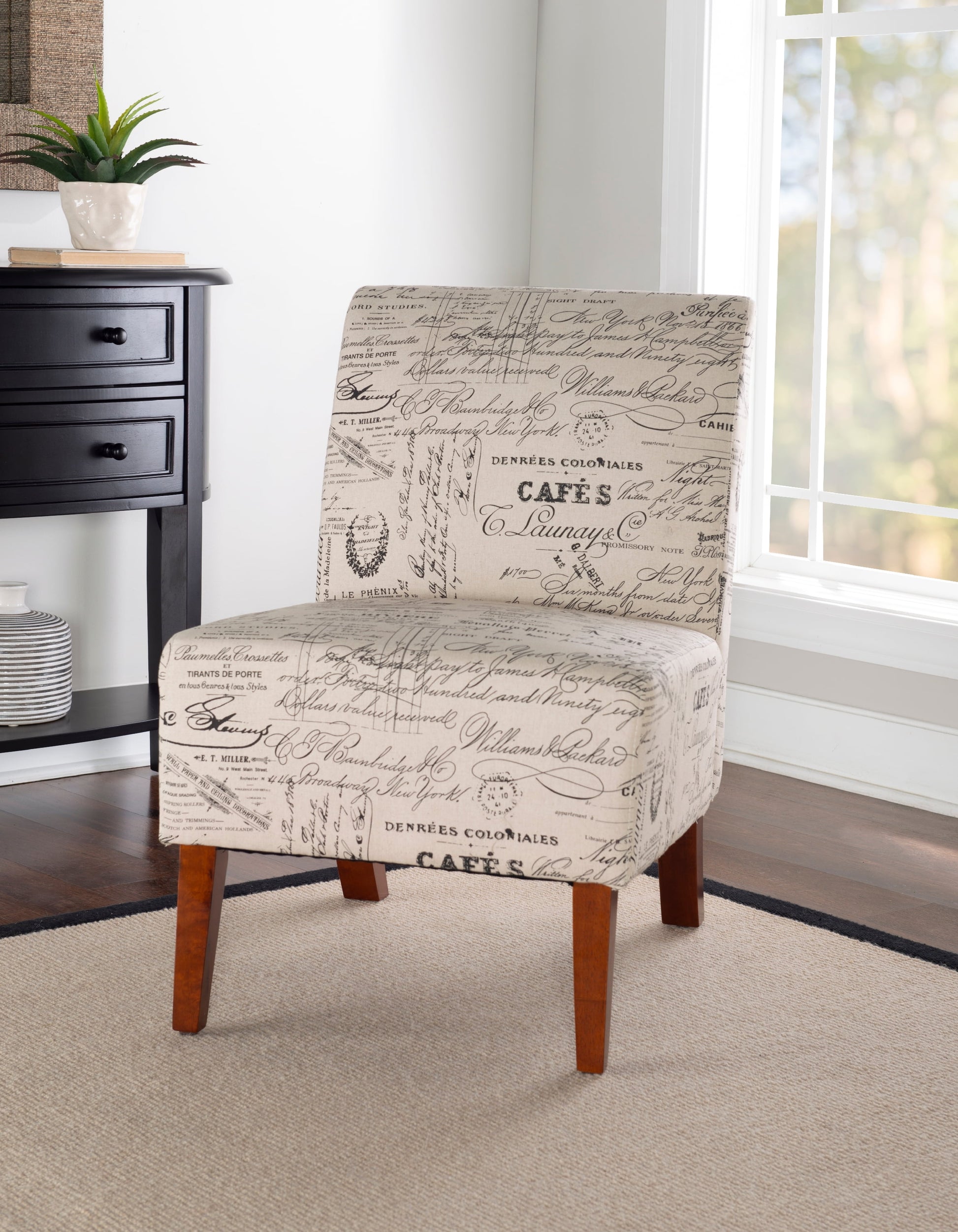Linon Bynum Kid's Indoor Upholstered Slipper Accent Chair, Beige Script Pattern