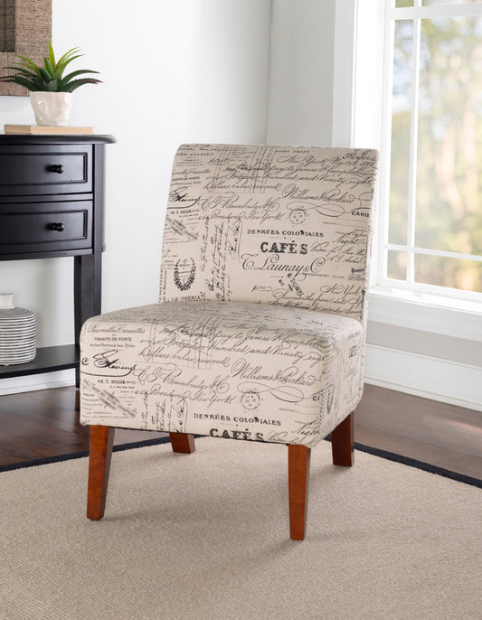 Linon Bynum Kid's Indoor Upholstered Slipper Accent Chair, Beige Script Pattern