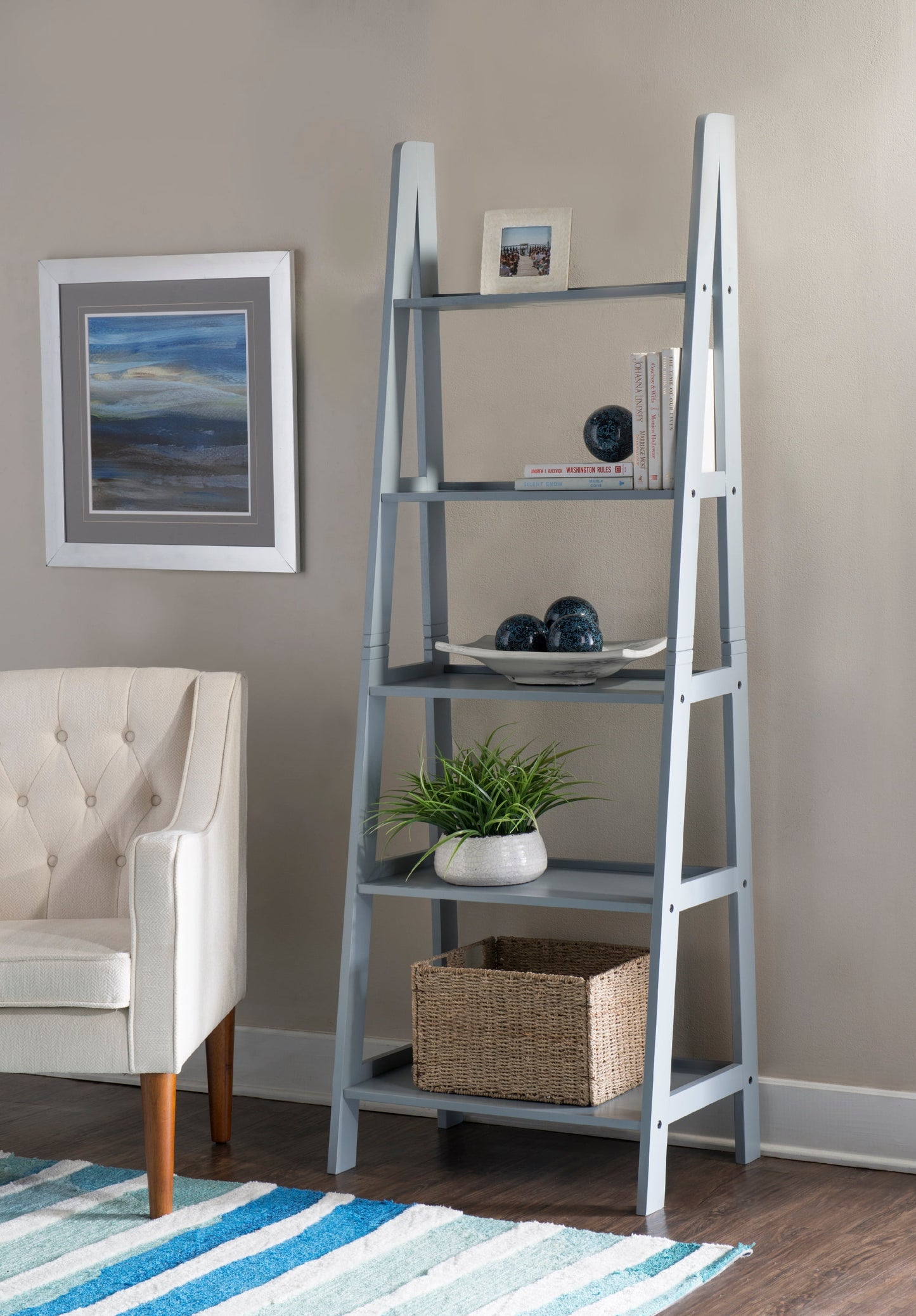 Linon Edson 5-Shelf Ladder Bookcase, 72" Height, Gray Finish