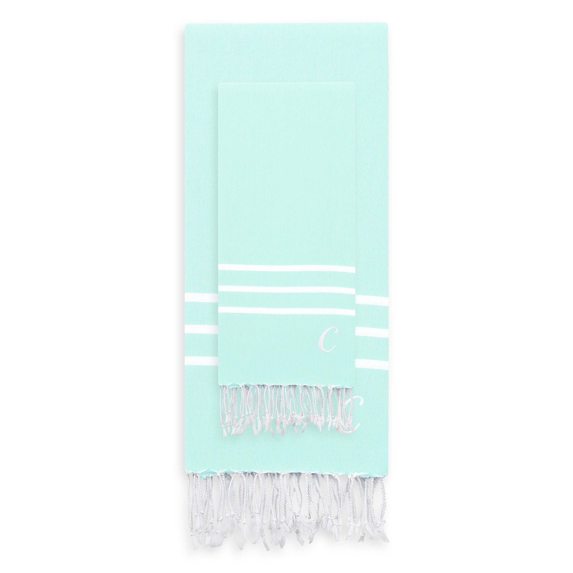Linum Home Authentic Ella Soft Aqua Monogrammed Pestemal Fouta Turkish Cotton Beach and Head Towel Set (Set of 2) C