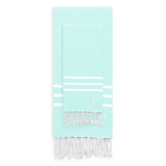 Linum Home Authentic Ella Soft Aqua Monogrammed Pestemal Fouta Turkish Cotton Beach and Head Towel Set (Set of 2) E