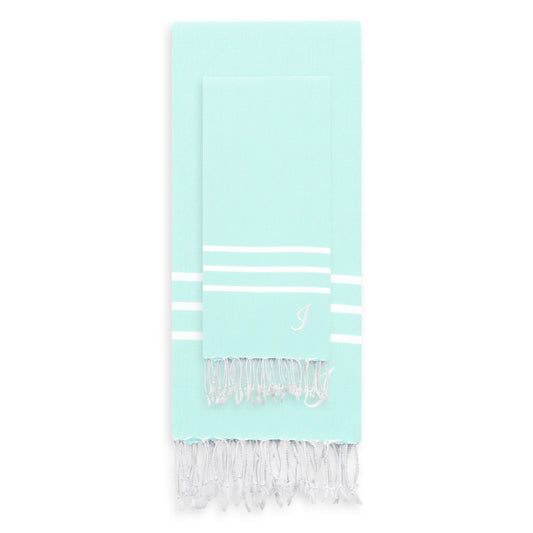 Linum Home Authentic Ella Soft Aqua Monogrammed Pestemal Fouta Turkish Cotton Beach and Head Towel Set (Set of 2) F
