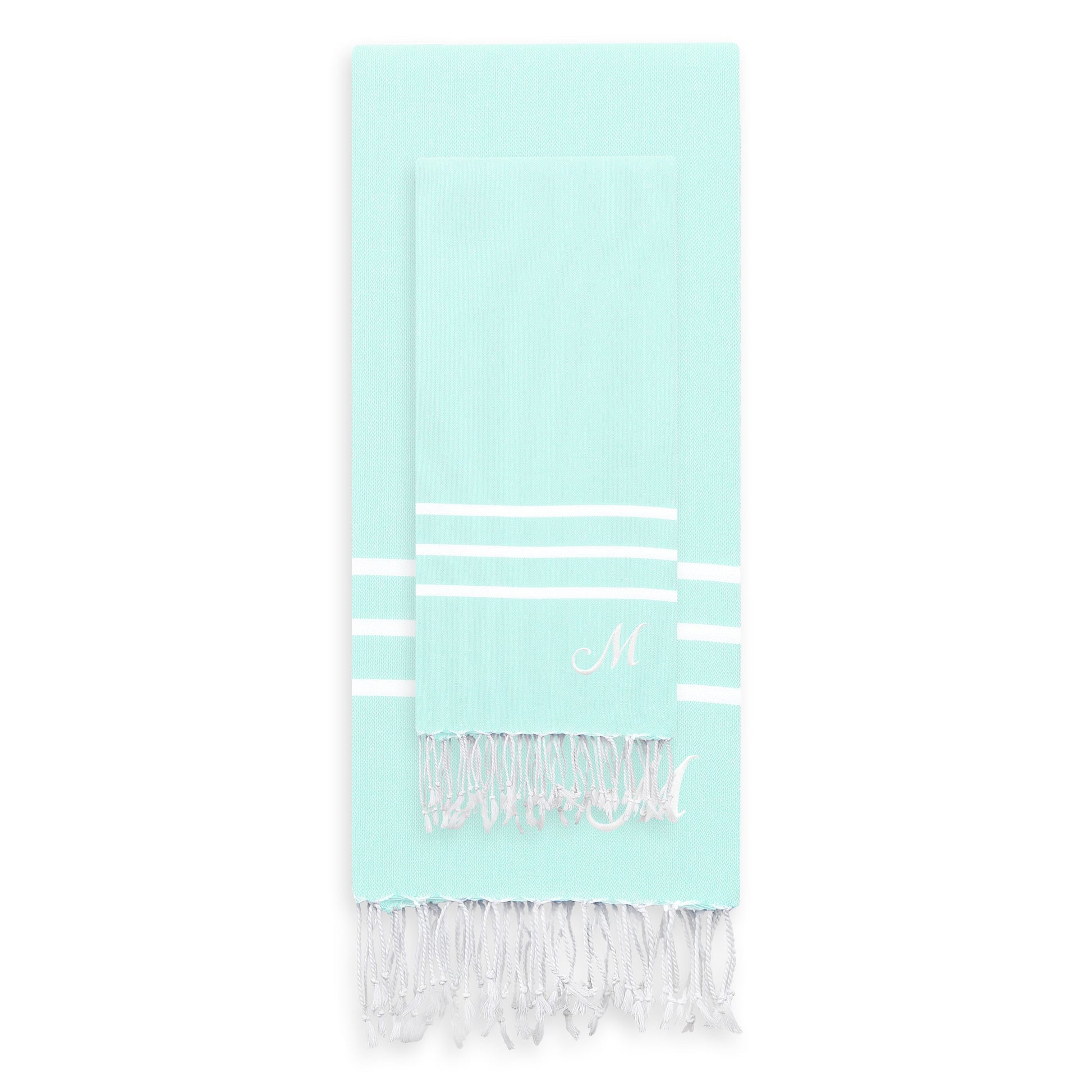 Linum Home Authentic Ella Soft Aqua Monogrammed Pestemal Fouta Turkish Cotton Beach and Head Towel Set (Set of 2) M