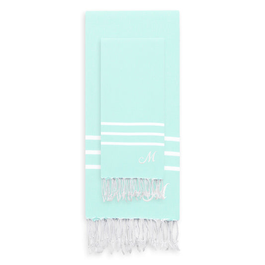 Linum Home Authentic Ella Soft Aqua Monogrammed Pestemal Fouta Turkish Cotton Beach and Head Towel Set (Set of 2) M