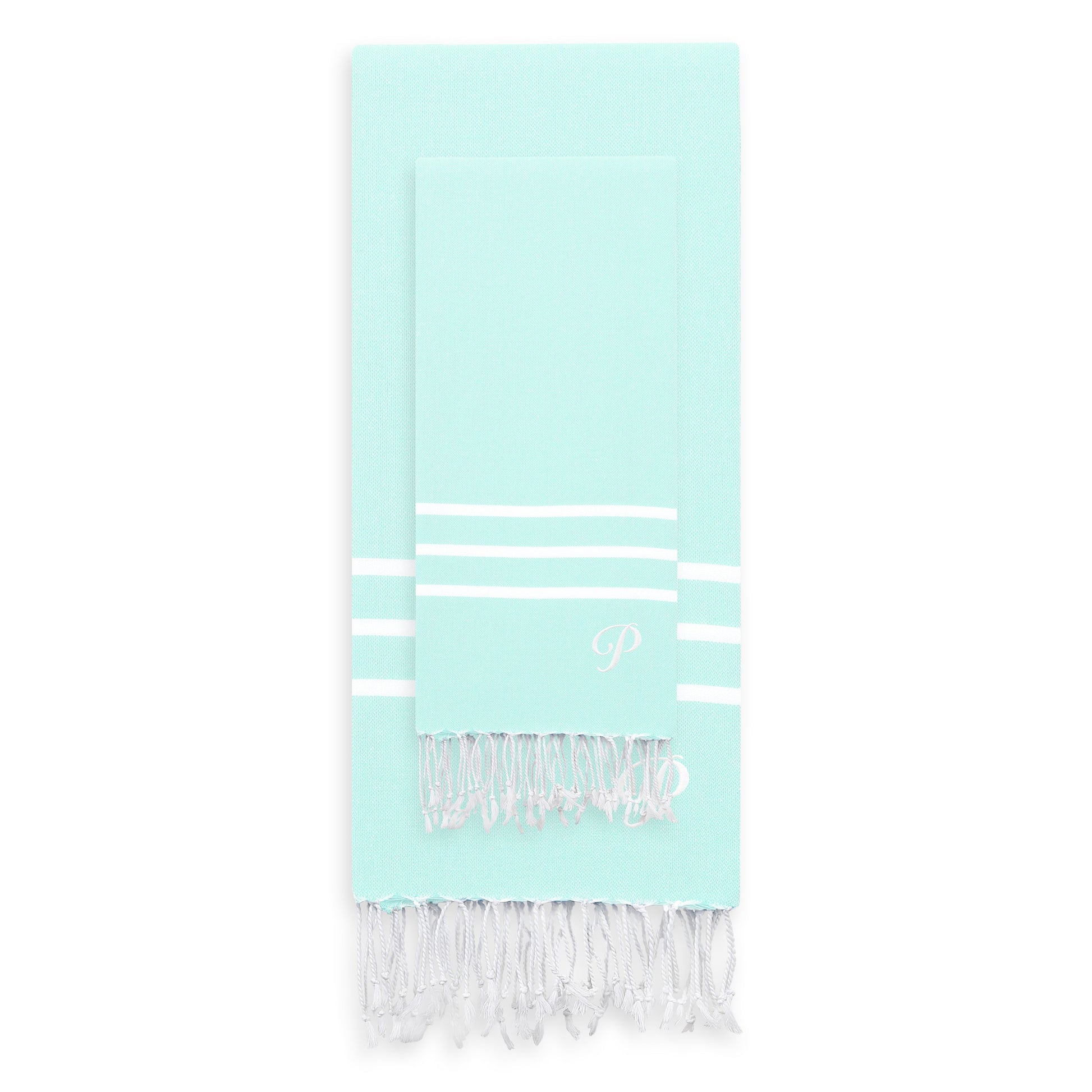 Linum Home Authentic Ella Soft Aqua Monogrammed Pestemal Fouta Turkish Cotton Beach and Head Towel Set (Set of 2) P