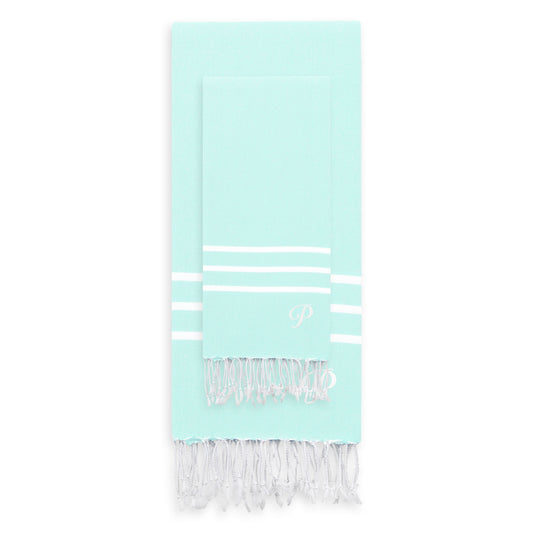 Linum Home Authentic Ella Soft Aqua Monogrammed Pestemal Fouta Turkish Cotton Beach and Head Towel Set (Set of 2) P