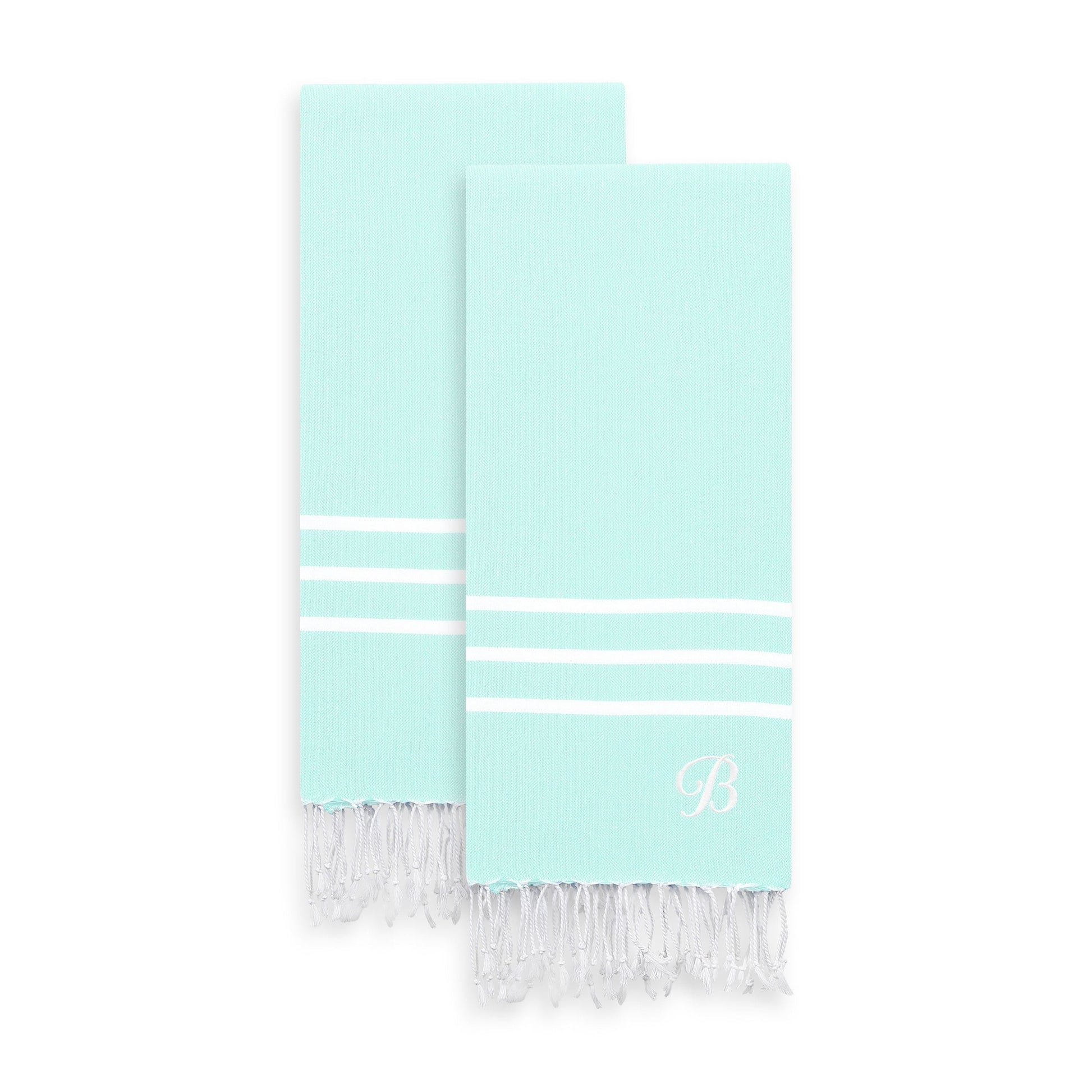 Linum Home Authentic Ella Soft Aqua Monogrammed Pestemal Fouta Turkish Cotton Hand/Kitchen Towel (Set of 2) Aqua