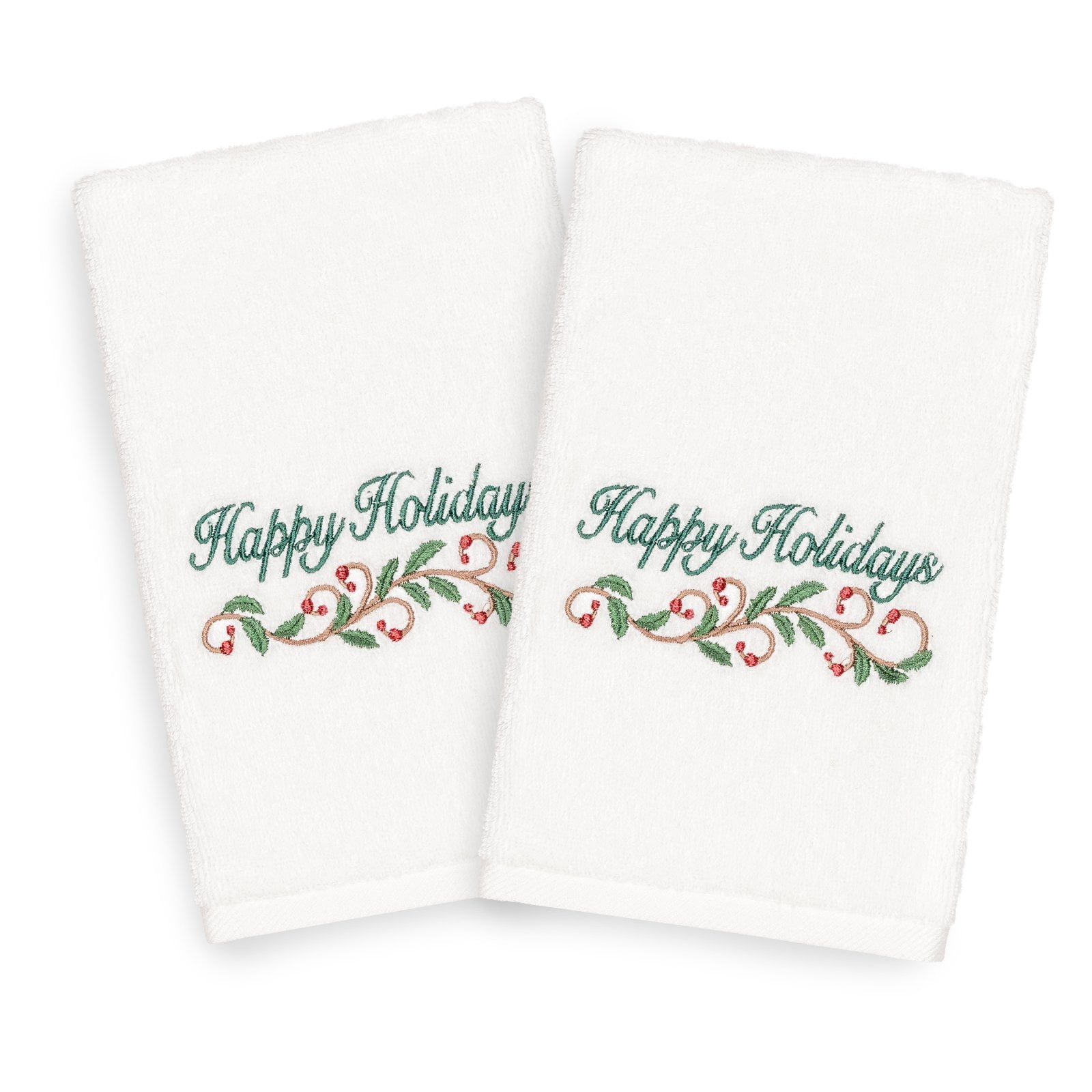 Linum Home Textiles Christmas Happy Holidays Embroidered Turkish Cotton Hand Towel - Set of 2