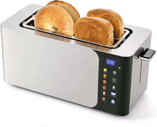 Long Slot 4 Slice Toaster, 1.5” Wide Slots for Thick Breads & Bagel Function, LED Touch Screen, Countdown Timer, 6 Shades, Stainless Steel