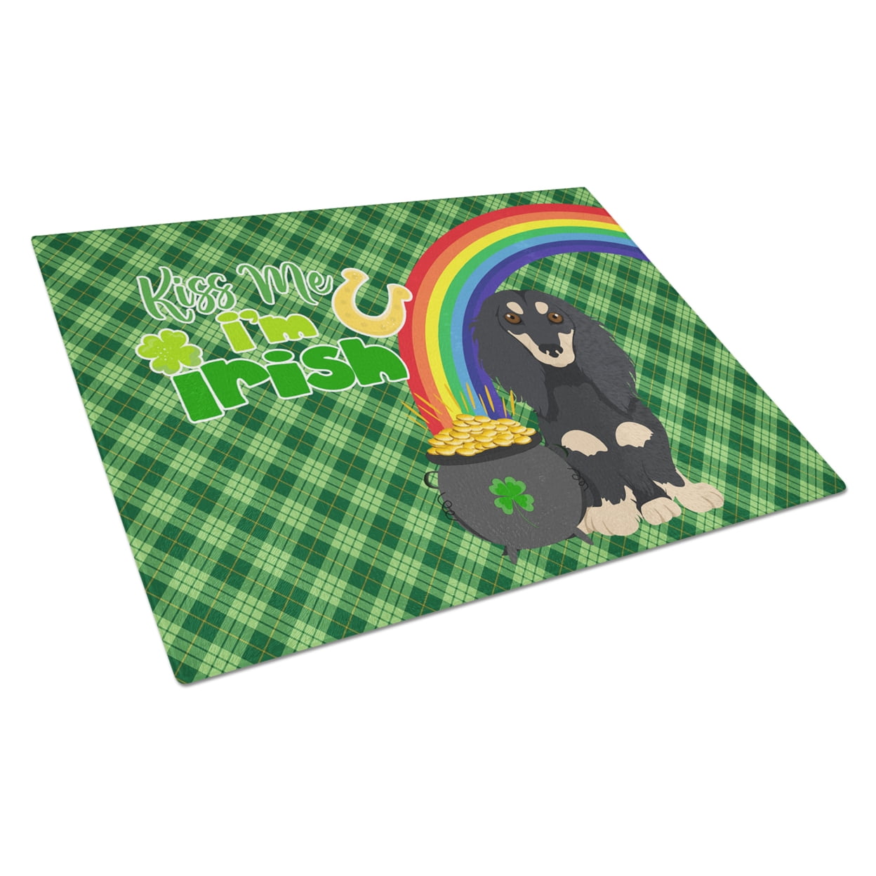 Longhair Black and Cream Dachshund St. Patrick's Day Glass Cutting Board Large 12 in x 15 in