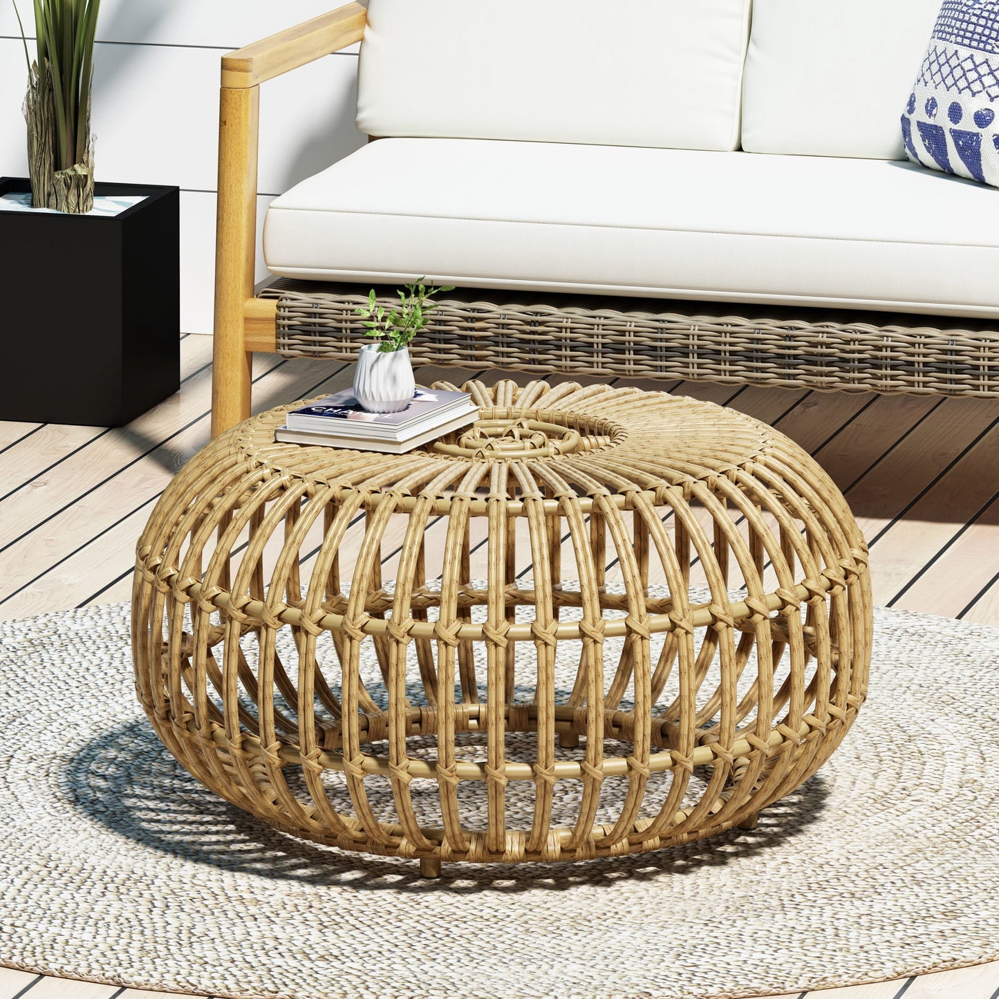 Lunsford Outdoor Wicker Coffee Table, Light Brown