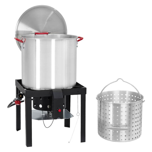 M optimized 100 Qt Seafood Boil Pot Aluminum Crawfish Boiler w/Steam/Boil Basket & Strainer, 110000 BTU Propane Stove Burner with Lifting Hook, 10 PSI Regulator, Outdoor Cooking Shrimp Crab Boiler