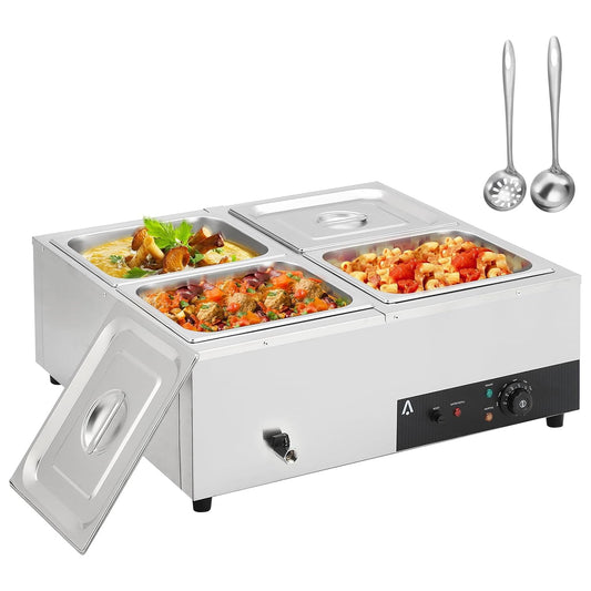M optimized Commercial Food Warmer 4 Pan, 4x12QT Bain Marie Buffet Server and Warmer, Stainelss Steel Electric Steam Table with Lids & Ladles for Buffet Catering Parties Restaurants, Silver