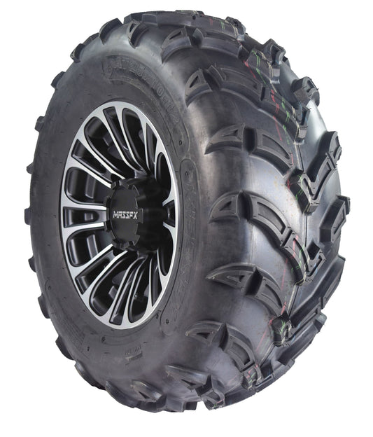 MASSFX 25x10-12 ATV Front Tire 6 Ply & A238 Machined Black Wheel Kit 12x7 4/156 25x10x12 (Passenger Side)