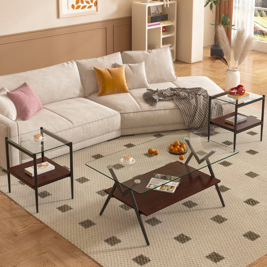MAYEERTY 3-Piece Coffee Table & End Table Set – Transparent Tempered Glass & MDF Layer