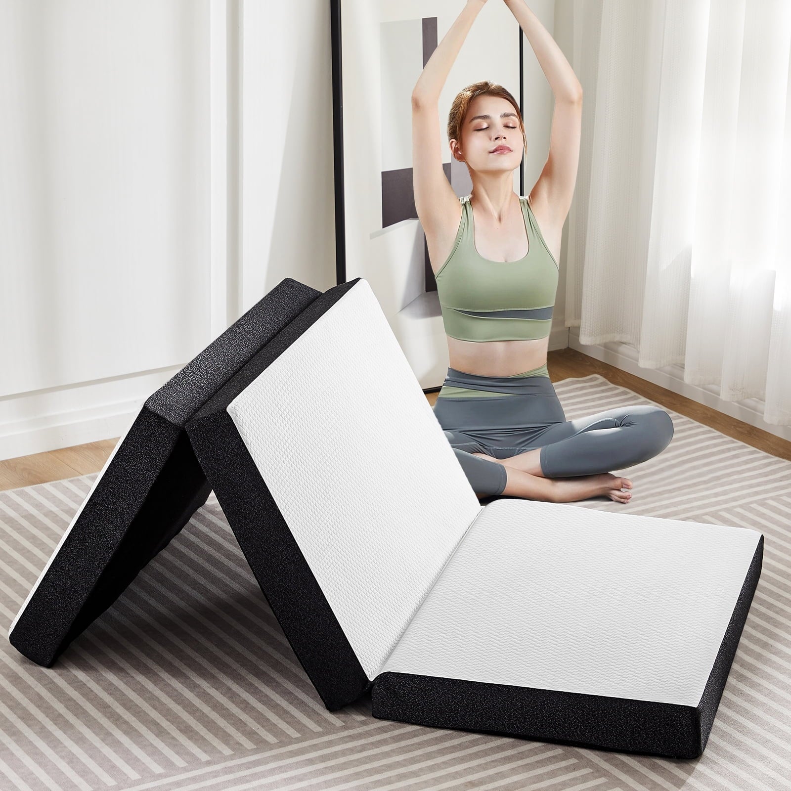 MAYEERTY 3" Tri-Fold Memory Foam Mattress Portable Non-Slip Bottom White Mattress, Full